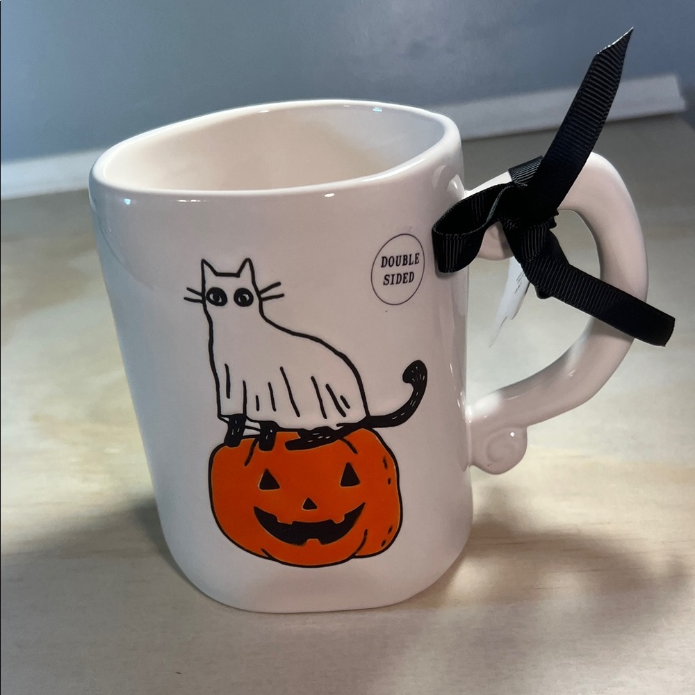 Rae Dunn Cat Ghost Mug with Black Ribbon and Saying @ 10 oz